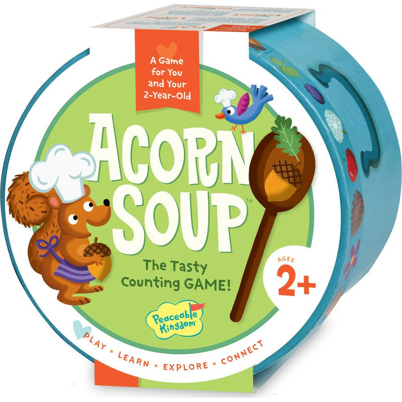 Acorn Soup counting game packaging by Peaceable Kingdom for ages 2+.