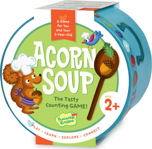 Acorn Soup counting game packaging by Peaceable Kingdom for ages 2+.