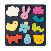 Mentari wooden mood board puzzle with colorful shaped pieces featuring cute facial expressions