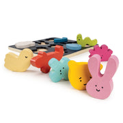 Mentari wooden shape sorting puzzle with colorful animal-shaped pieces including duck, bunny, elephant