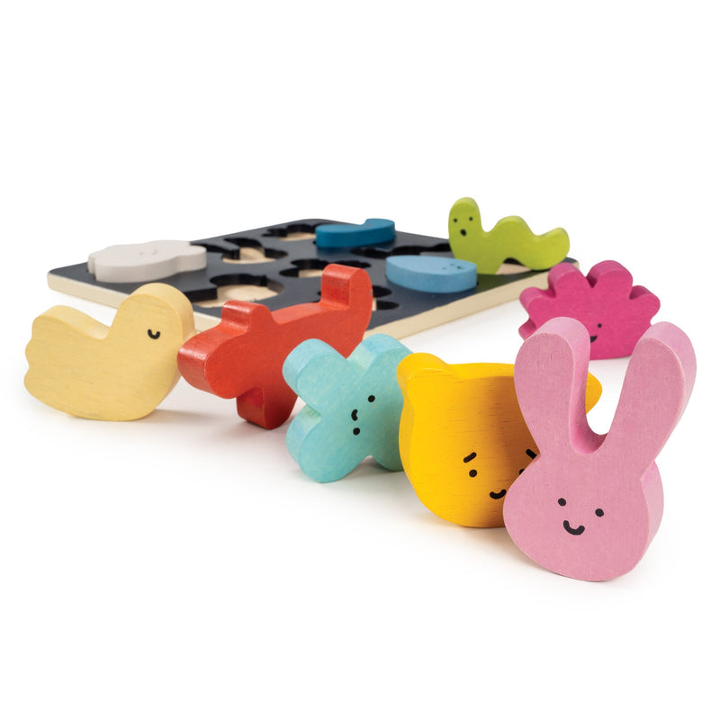 Mentari wooden shape sorting puzzle with colorful animal-shaped pieces including duck, bunny, elephant