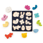 Mentari Mood Board wooden puzzle with colorful emotion-shaped pieces and matching board slots