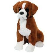 Brown and white boxer dog plush toy sitting upright on white background