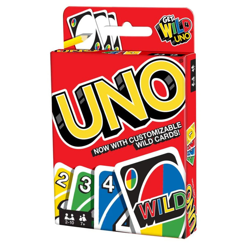 UNO card game box with customizable wild cards on white background