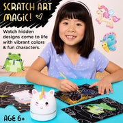 Child using Faber-Castell scratch art kit with colorful revealed designs
