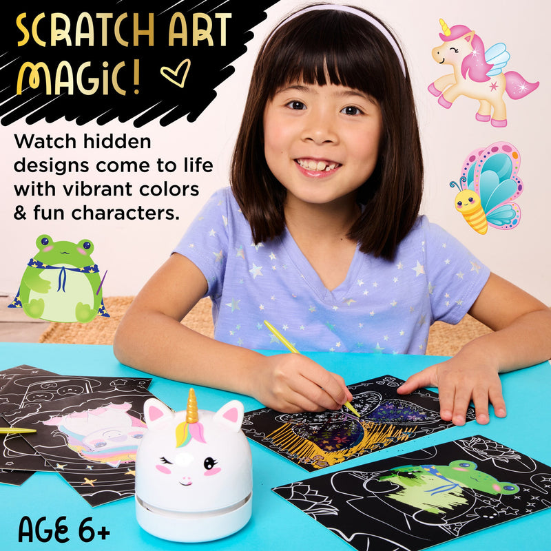Child using Faber-Castell scratch art kit with colorful revealed designs