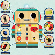 Educational robot toy diagram showing interactive switches, buttons, lights and battery compartment features