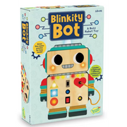 Blinkity Bot busy robot toy packaging showing colorful educational toy with lights and switches