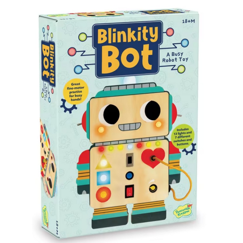 Blinkity Bot busy robot toy packaging showing colorful educational toy with lights and switches