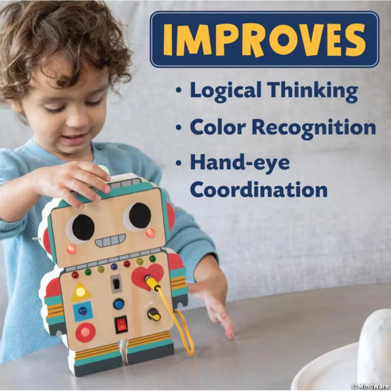 Child playing with colorful wooden robot activity toy with educational benefits listed