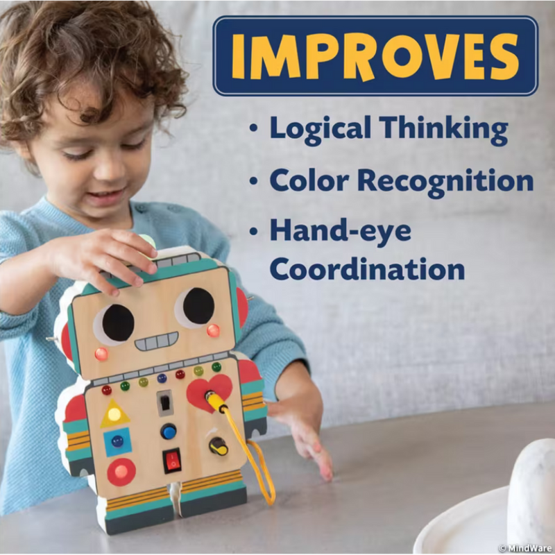 Child playing with colorful wooden robot activity toy with educational benefits listed