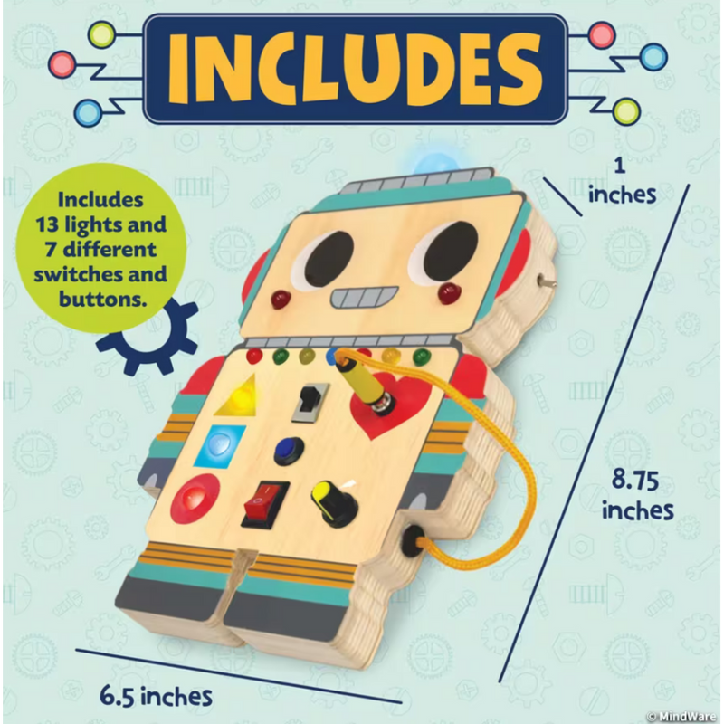Wooden robot toy with colorful lights switches and buttons educational STEM toy
