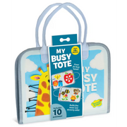 My Busy Tote educational activity bag with giraffe design and colorful learning activities