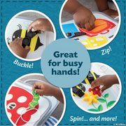 Detail shots showing buckle, zip, and spin activities on busy tote toy