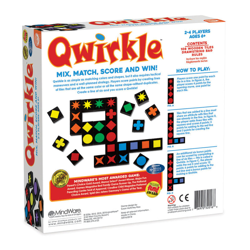 Back of Qwirkle board game box by MindWare showing colorful tiles and gameplay instructions,