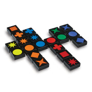 Qwirkle game tiles showing colorful shapes including stars, circles, crosses, and squares.