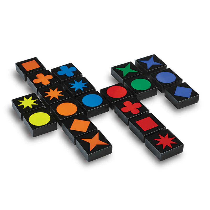 Qwirkle game tiles showing colorful shapes including stars, circles, crosses, and squares.