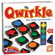 Qwirkle board game box showing colorful wooden tiles with shapes and circles.