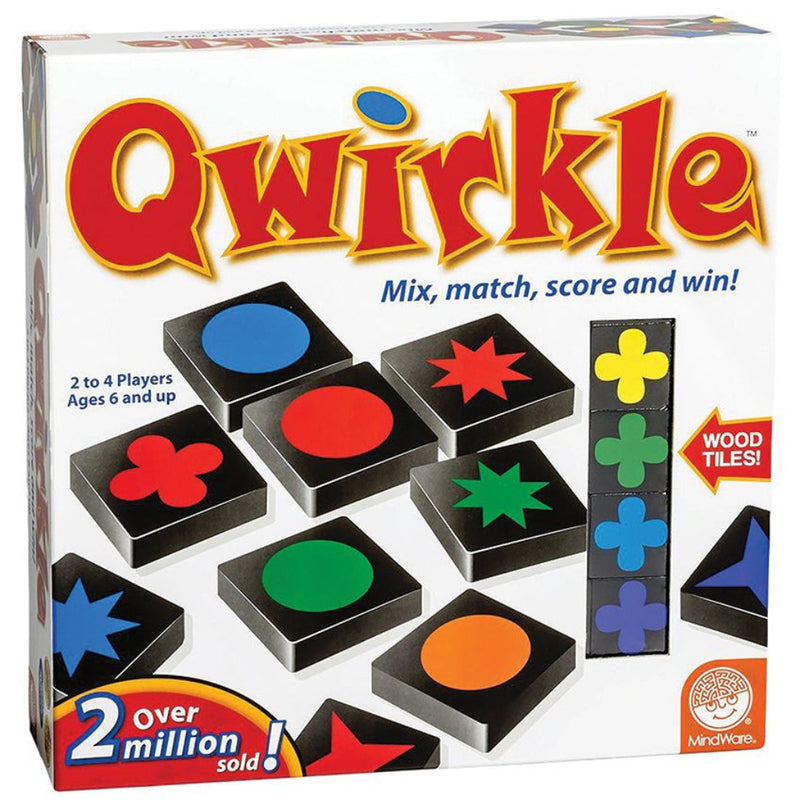 Qwirkle board game box showing colorful wooden tiles with shapes and circles.