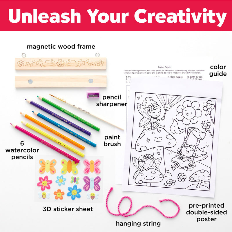 Faber-Castell paint by number kit with watercolor pencils, brushes, and fairy coloring poster
