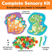 Complete sensory kit with dinosaur felt designs, pom poms, and craft supplies