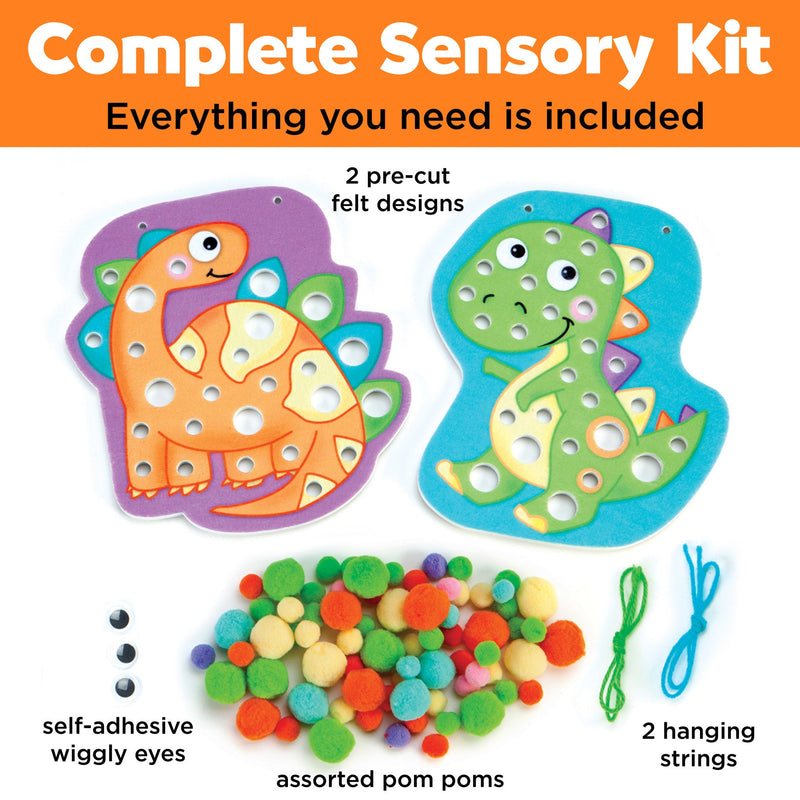 Complete sensory kit with dinosaur felt designs, pom poms, and craft supplies