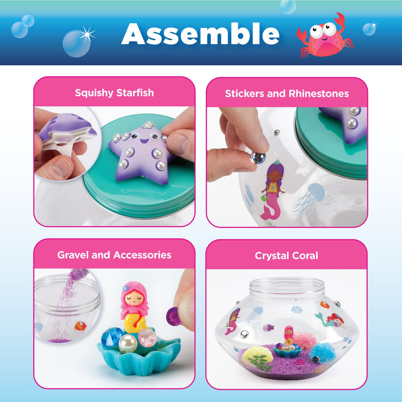 Assembly instructions for Crystal Mermaid Terrarium showing four steps with squishy starfish, stickers, gravel and final a...