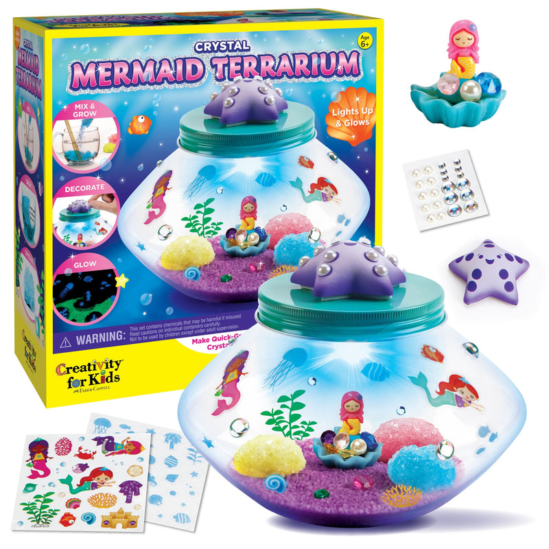 Crystal Mermaid Terrarium kit with glass container, crystals, mermaid figure and accessories