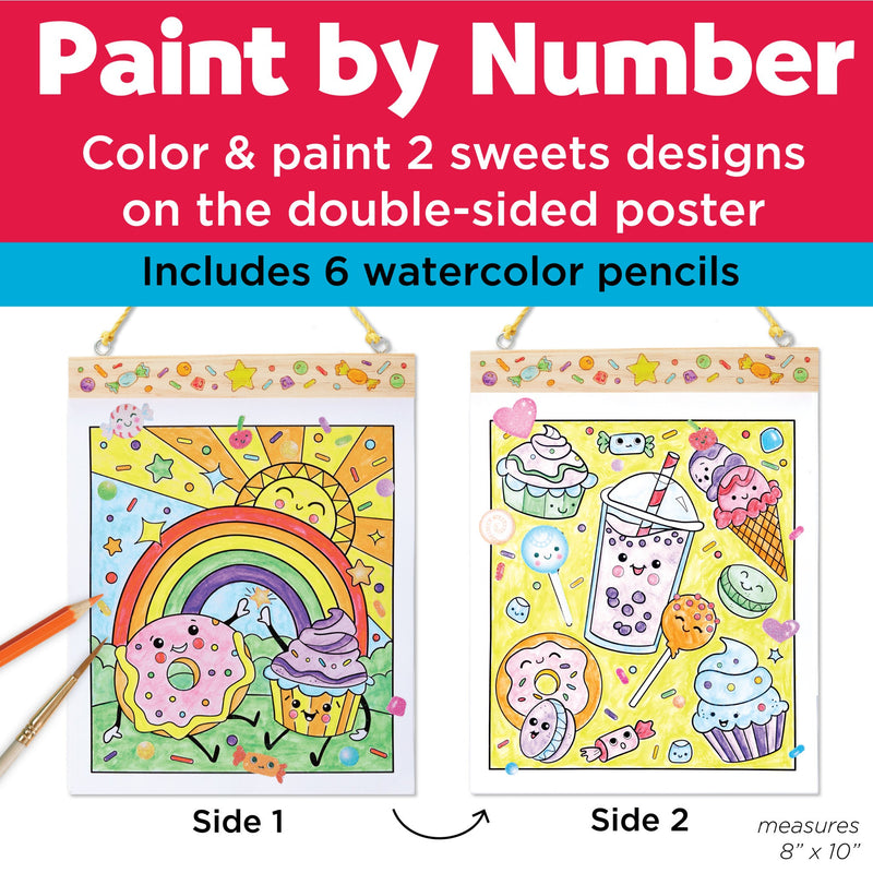 Paint by Number kit showing two sweet-themed coloring posters with watercolor pencils