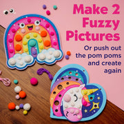 Colorful pom pom craft kit showing rainbow and unicorn fuzzy pictures with removable pom poms