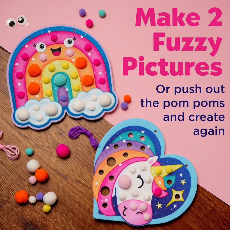 Colorful pom pom craft kit showing rainbow and unicorn fuzzy pictures with removable pom poms