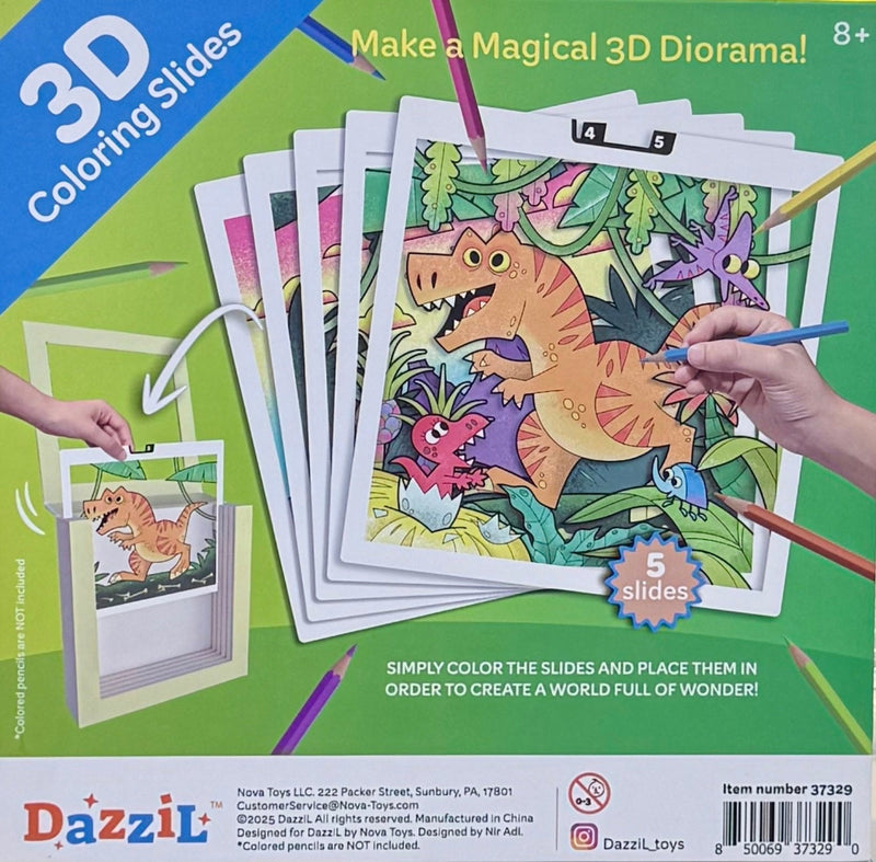 DazziL 3D Coloring Slides Dinosaur set back packaging showing 5 transparent slides and diorama assembly