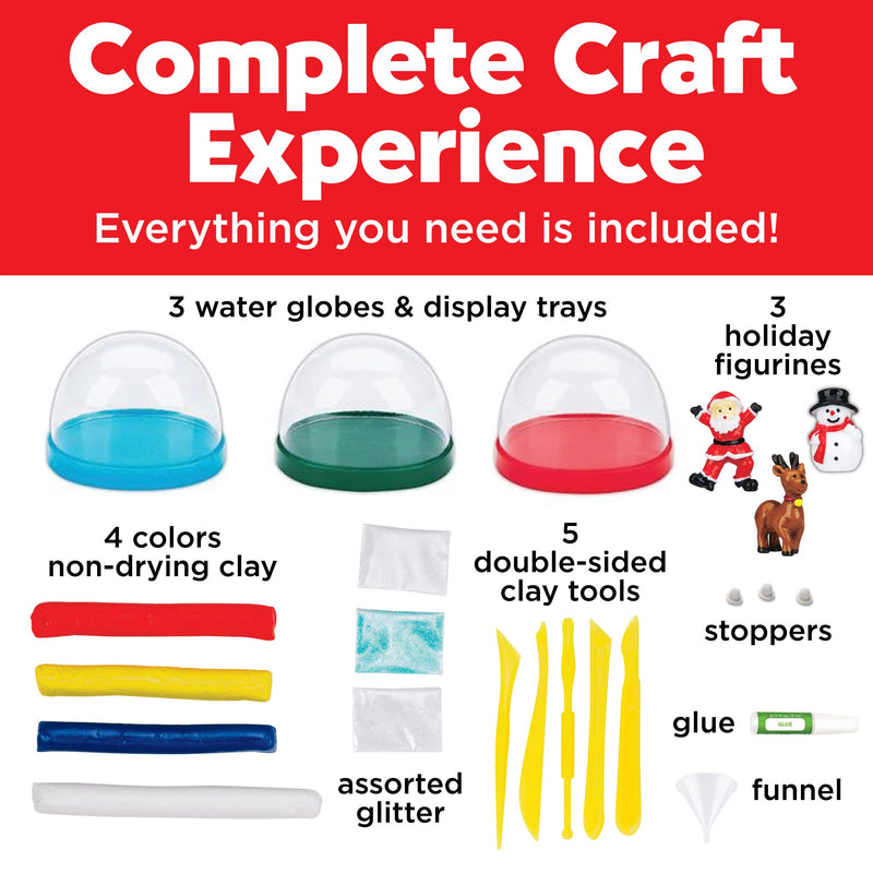 Complete craft kit showing snow globes, clay, tools, figurines and supplies included