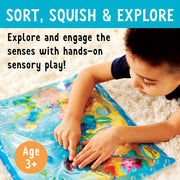 Child playing with colorful sensory squish bag featuring ocean adventure theme