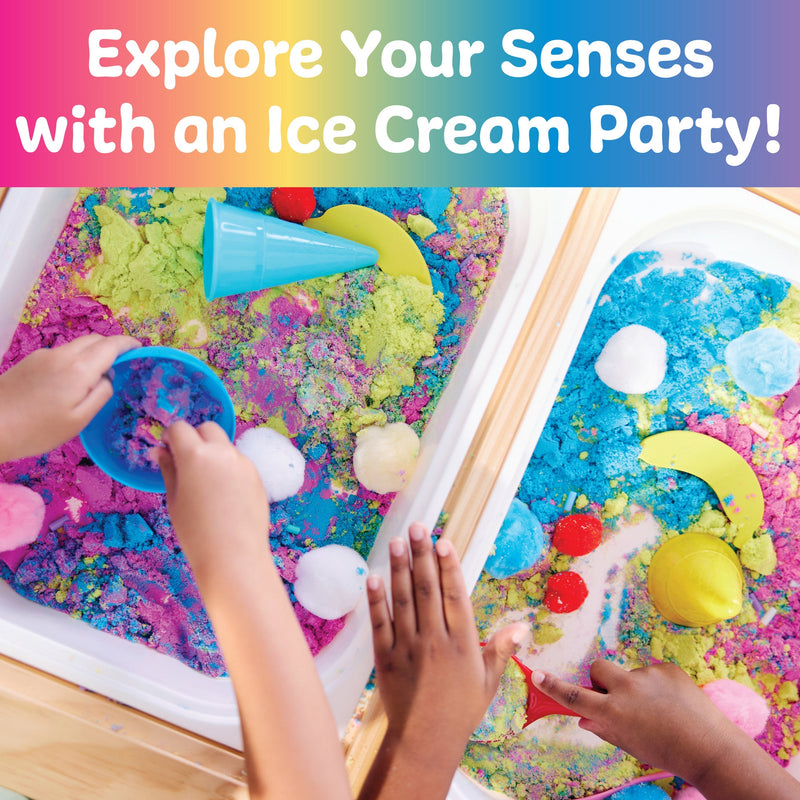 Children playing with colorful ice cream sensory table activity with scoops and toys