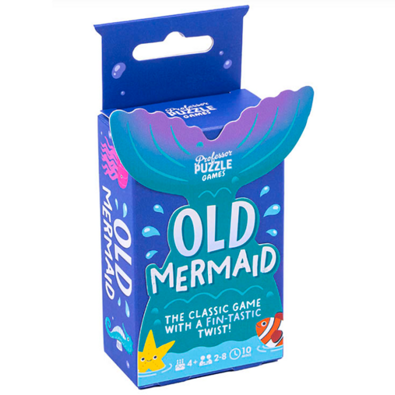 Old Mermaid card game by Professor Puzzle with mermaid tail shaped packaging on white background