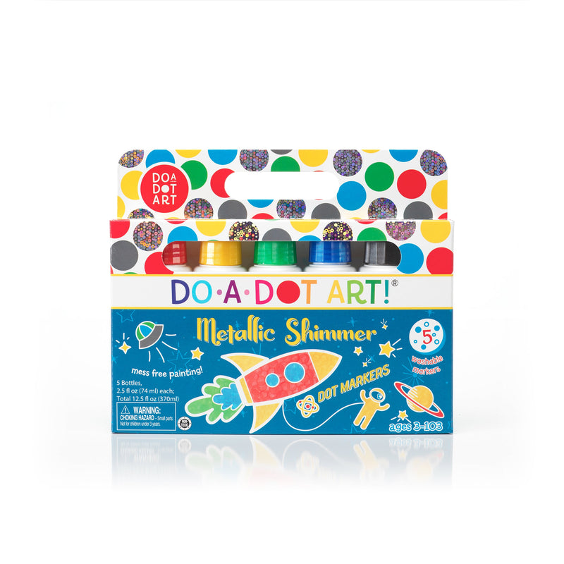 Do-A-Dot Art Metallic Shimmer dot markers set with 5 bottles on white background