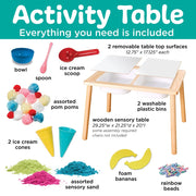 Activity sensory table with included accessories like bowls, spoons, pom poms, sand, and bins