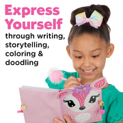 Young girl smiling while writing in pink glitter deer-themed diary with pompom pen