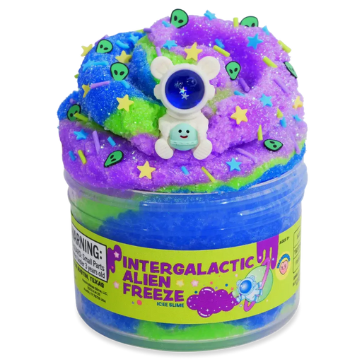 Peachybbies Intergalactic Alien Freeze Icee Slime in purple, blue, and green with astronaut charm