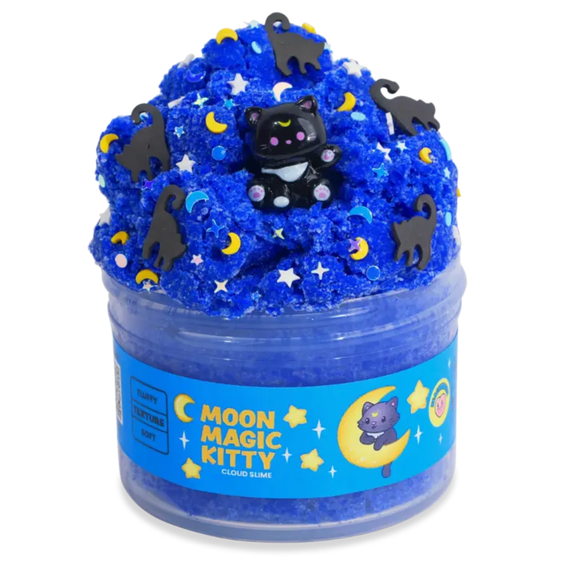 Moon Magic Kitty cloud slime in blue with black cat charms and star moon confetti