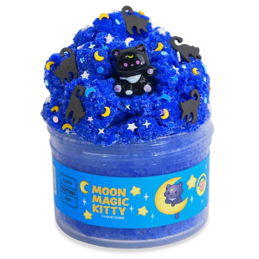 Moon Magic Kitty cloud slime in blue with black cat charms and star moon confetti
