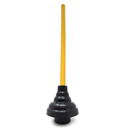 Black plunger toy with yellow stick handle on white background