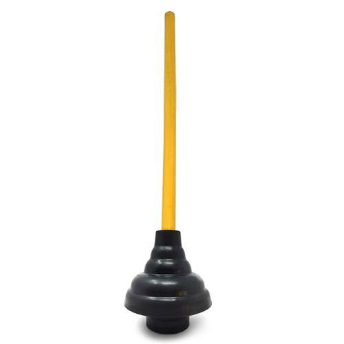 Black plunger toy with yellow stick handle on white background