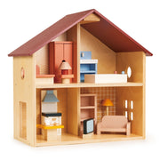 Mentari Poppets wooden dollhouse with two floors and miniature furniture accessories
