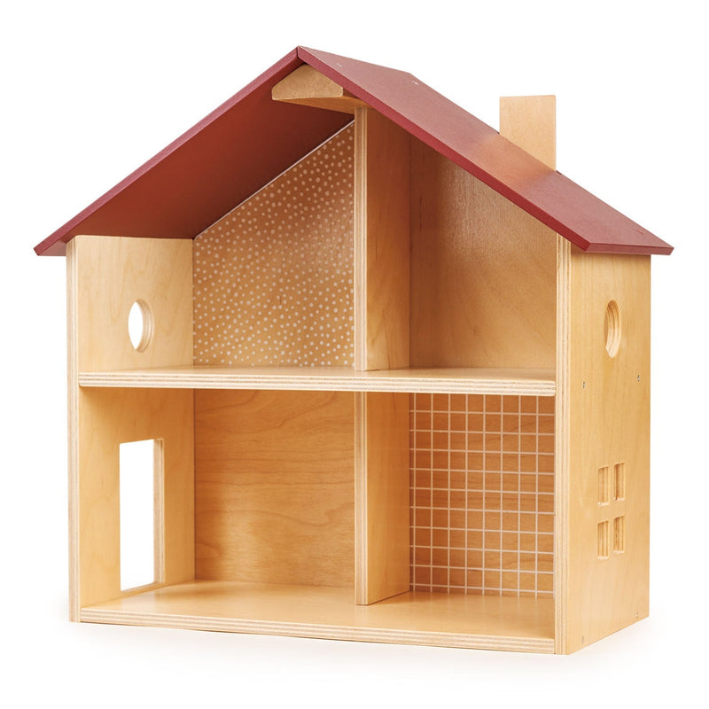 Mentari Poppets wooden dollhouse with red roof and four rooms on white background