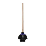 Black toilet plunger with wooden handle on white background