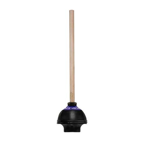 Black toilet plunger with wooden handle on white background