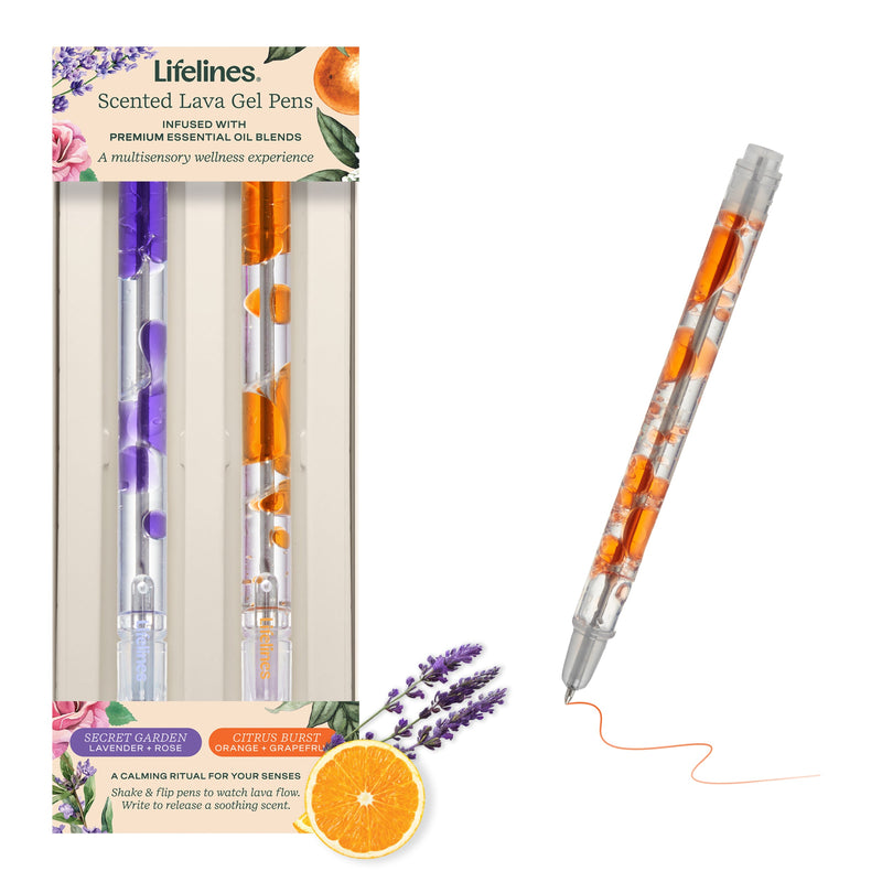 Lifelines scented lava gel pens 2-pack with purple and orange designs in clear packaging