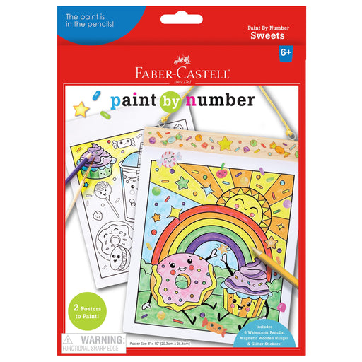 Faber-Castell Paint by Number Sweets kit packaging with colorful donut and rainbow illustrations